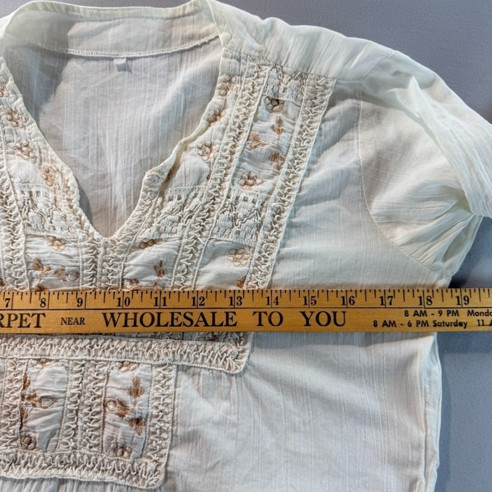 Boho Embroidered Peasant Blouse Cream Cotton Gauze Top Cottagecore - Picture 6 of 8